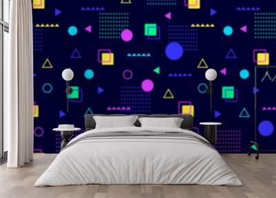 Geometric purple memphis 3d seamless pattern. Tracery dots with abstract colorful pyramid and square lines with yellow triangle colorful retro vector decoration. Wall mural