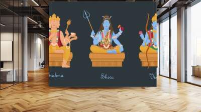 Gods of hinduism vishnu, shiva, brahma. Three main hindu deities creators of universe four headed vector brahma with rosary shiva trident and snake cartoon vishnu bow and lotus. Wall mural