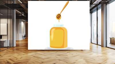 Golden honey flowing from sticks into jar illustration. Yellow sweet nectar in filled glassware and spoon down yellow vector liquid. Wall mural