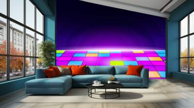 Neon retro dance floor background. Futuristic disco floor with purple tiles and yellow light blue electronic vintage with night sky vector horizon. Wall mural