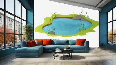 Picturesque water pond with reeds. The concept of an open small swamp lake in a natural landscape style. Natural natural design in a beautiful color, rural, country style illustration. Wall mural