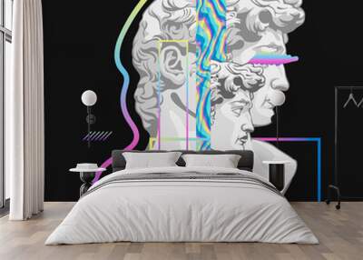 Postmodernism bust David. Antique neoplasticism masterpiece sculpture David by Michelangelo decorated in color modern style bright graphic surreal vector art renaissance classic . Wall mural