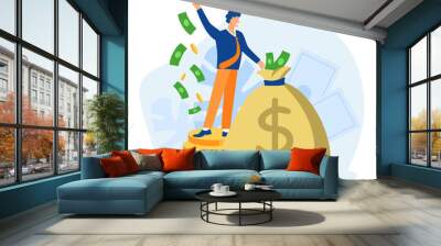 Rich manager with bag of money concept. Huge financial profits and successful economy gold coins and paper cash reserves successful professional management vector jackpot. Wall mural