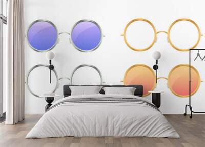 Round unisex sunglasses. Blue accessory to protect eyes from sun with stylish orange lenses and plastic vector frames Wall mural