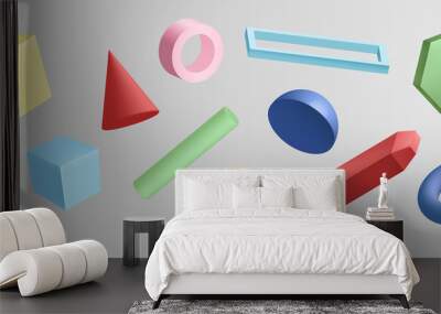 Set of colorful 3d geometric shapes isolated on white background. Collection of different abstract simple geometry design element vector graphic illustration. Glossy shape in motion Wall mural