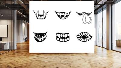 Terrible smiles and grins of monsters set. Angry creature joy with sharp teeth and ferocious vampiric grin for halloween and demonic vector design Wall mural