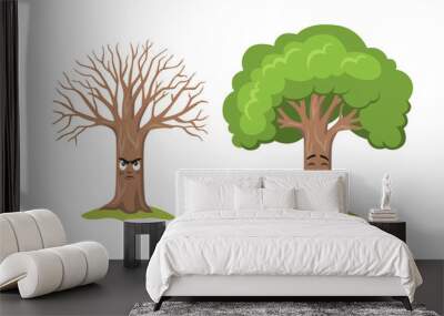 Two cartoon tree character happy and sad isolated on white. Creative green plant naked and thick foliage showing different emotion vector illustration. Positive and negative thinking concept Wall mural