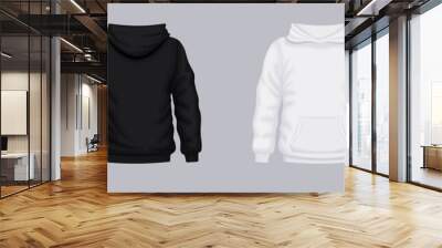 White black hoodie front back mockup. Fashionable template sweatshirt casual clothes with hood cotton vector textile unisex set for sports walking. Wall mural