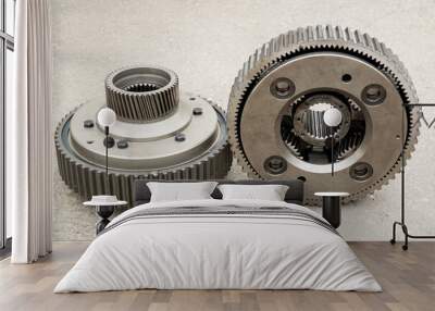 Two large steel gears assembled with a planetary gear. Wall mural