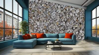 Construction breakstone background. Gravel road texture. The grey building rubble. Wall mural