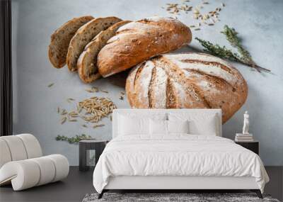 Freshly chopped rye bread with fried onions. Wall mural