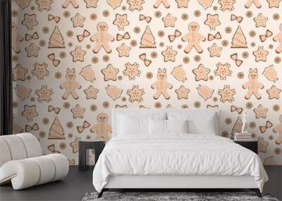 A repeating pattern of cookies of different shapes on a beige background for printing on paper and fabric Wall mural