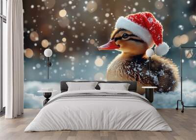 Cute duck in Santa Claus hat on snow background. Winter background with duck. Christmas concept. Wall mural