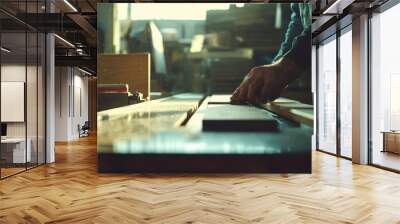 A low-angle view of someone using the table saw to make a straight cut, with the background softly blurred for action. Wall mural