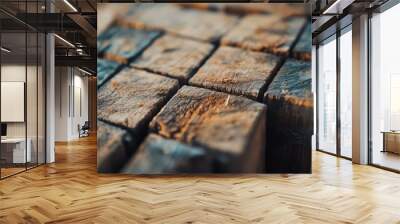 A macro photograph of the lumber's end grain, focusing on the texture and any imperfections, with the surrounding area softly blurred. Wall mural