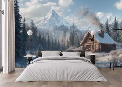 A rustic cabin in the mountains, surrounded by snow and tall pine trees, with smoke rising from the chimney Wall mural