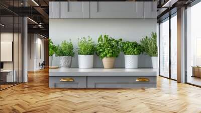 Charming space featuring potted herbs on kitchen counter, light gray cabinets contrasting with fresh greenery, creating an inviting culinary environment Wall mural