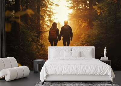 Couple enjoying a sunset hike through a forest, soft golden light filtering through the trees, peaceful and scenic outdoor experience Wall mural