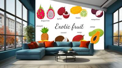 A set of tropical, exotic fruits. 8 fruits, whole and split. Mango, Papaya, dragon fruit, kiwano,lychee, mangosteen, coconut, pineapple. Collection in flat style. Vector illustration isolated on white Wall mural