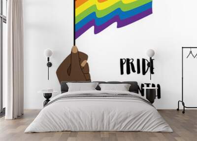 Vertical poster of LGBT Pride month. A raised hand holds a waving LGBT flag. A symbol of tolerance, solidarity, fighting for equality. Vector illustration isolated on a white background. Wall mural