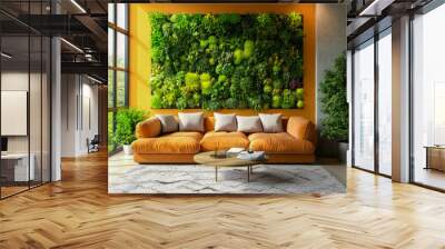 minimalist bright living room with phytowal, panoramic windows and orange furniture Wall mural