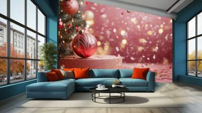 pink Christmas background with podium Wall mural