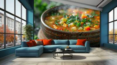 A bowl of vegetable soup is placed on a wooden table Wall mural