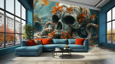 A skull with autumn leaves on it, in the water is an octopus made of vines and flowers, fantasy art style, hyper-realistic, digital painting, cinematic lighting, cinematic shot, Wall mural