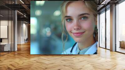 a young woman in a lab coat with a stethoscope around her neck is smiling at the camera Wall mural