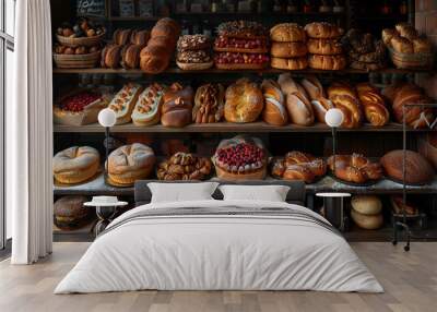 Display case showcasing a variety of baked goods and pastries Wall mural