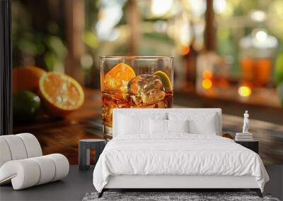 Glass of Disaronno on the rocks with orange slices, sitting on a table Wall mural