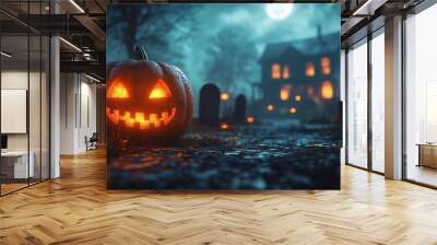 Halloween background with pumpkins, candles and haunted house. Halloween night wallpaper design for poster, card or banner/Dark fantasy style. Wall mural