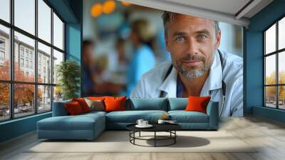 Man in lab coat, stethoscope, looking at camera with smile Wall mural