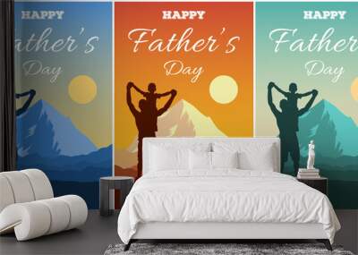 Father’s Day vector illustration. Silhouettes of dad and children against a backdrop of an adventure landscape with mountains, sun and sky. Happy family men and boy outdoors. Traveling with children. Wall mural