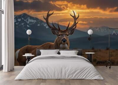 Majestic Stag at Sunset in Mountain Landscape Wall mural