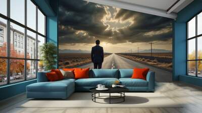 Man Standing on an Empty Road Under Dramatic Sky Wall mural