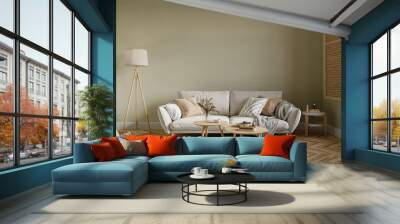 Modern living room interior with cozy sofa on empty wall background, 3d rendering 
 Wall mural