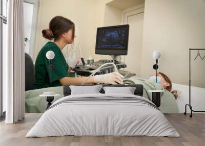 Close up view of ultrasound probe. A young female ultrasound doctor  scanning. Preparing for an ultrasound scan. Sonoscan. Wall mural