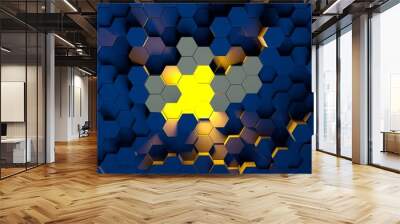 Digital generated technology hexagon background.Glossy textured blue hexagons with yellow glow.Modern futuristic background 3d illustration. Pattern hexagon background abstract and geometric wallpaper Wall mural