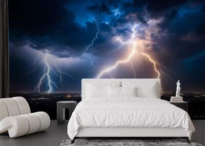 Dramatic lightning storm illuminating a city skyline under dark, ominous clouds. Wall mural