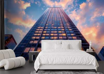 Modern skyscraper reaching for the sky against a colorful sunset Wall mural