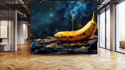 Stylized banana dripping with syrup against a mystical dark background Wall mural