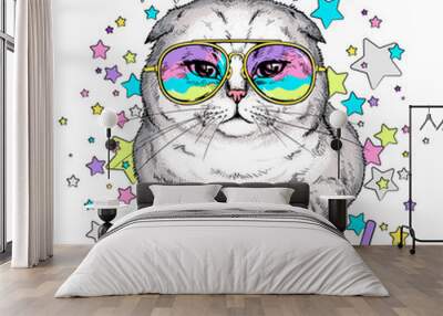 Scottish fold cat in sunglasses. Meow illustration.  Stylish image for printing on any surface	 Wall mural