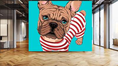 Vector illustration with a cute french bulldog in a striped T-shirt. Color portrait of a dog. Drawn puppy. Bulldog sketch. Image for printing on clothes Wall mural