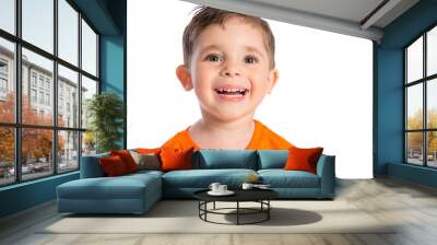 Portrait of a beautiful European boy 2 years old. A beautiful and happy child. A child's smile. Isolated on a white background in a orange t-shirt. Wall mural