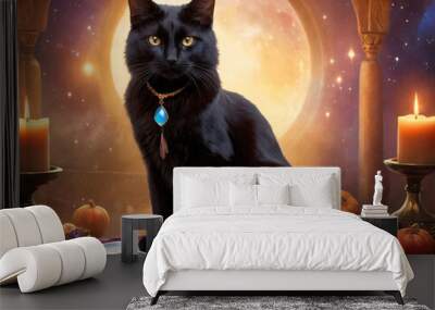 A black magical cat sits on a table among magical paraphernalia and reads fortunes using tarot cards. Wall mural