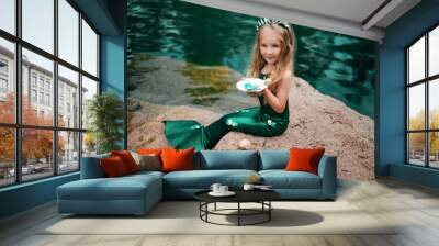 A little girl with white hair with a mermaid tail and shells is sitting on the shore. A little mermaid sits on a large stone by the pond. Wall mural