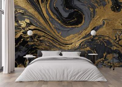 Texture from abstraction of spilled paints. Black and gray stains with gold Wall mural