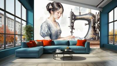 Watercolor drawing of a beautiful girl seamstress in an ancient dress sews on a sewing machine. Illustration for a sewing studio in the style of the nineteenth century. Wall mural