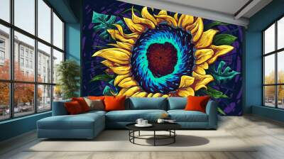 Sunflower vector with monstera leafs in rich сolor palette. gogh inspiration green, teal, gold, creative bouquet of picturesque Wall mural